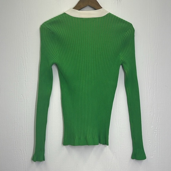 Boston Proper - Ribbed Bright Green White Trim Gold Button Cardigan Size Medium - Picture 10 of 10